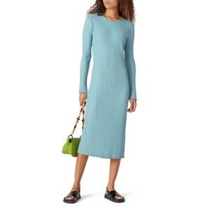 Simon Miller Wells Blue Ribbed Knit Long Sleeve Crewneck Midi Dress Size XL